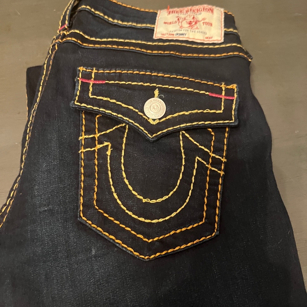 True Religion Women's Black Jeans with Gold Stitching